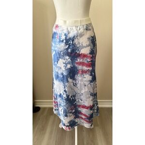 Knit Riot Graffiti Tie Dye Satin Midi Skirt Blue Red White Size S